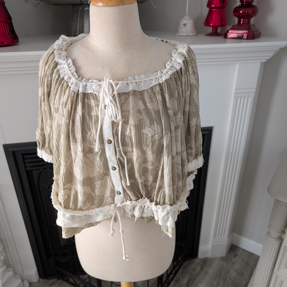 Free People Cream and Tan Floral Blouse